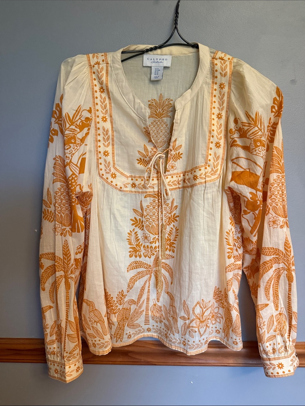 Calypso St. Barth Cream and Orange Botanical Tie-Front Tunic M